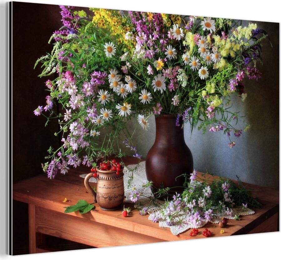 MuchoWow Aluminium schilderij 60x40 cm Wanddecoratie metaal Bloemen Tafel Stilleven Boeket Vaas Metalen muurdecoratie woonkamer Decoratie industrieel Foto op dibond Industriële accessoires slaapkamer