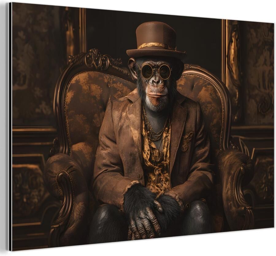 MuchoWow Aluminium schilderij 90x60 cm Wanddecoratie metaal Chimpansee Stoel Pak Bruin Metalen muurdecoratie woonkamer Decoratie industrieel Foto op dibond Industriële accessoires slaapkamer