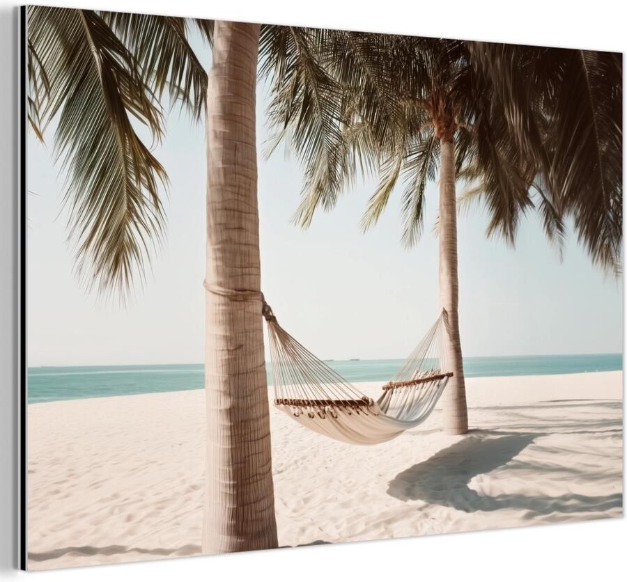 MuchoWow Aluminium schilderij 120x80 cm Wanddecoratie metaal Hangmat Palmbomen Strand Zee Metalen muurdecoratie woonkamer Decoratie industrieel Foto op dibond Industriële accessoires slaapkamer