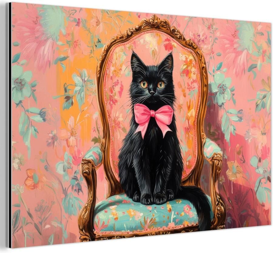 MuchoWow Aluminium schilderij 90x60 cm Wanddecoratie metaal Kat Roze Stoel met bloemenmotief Metalen muurdecoratie woonkamer Decoratie industrieel Foto op dibond Industriële accessoires slaapkamer