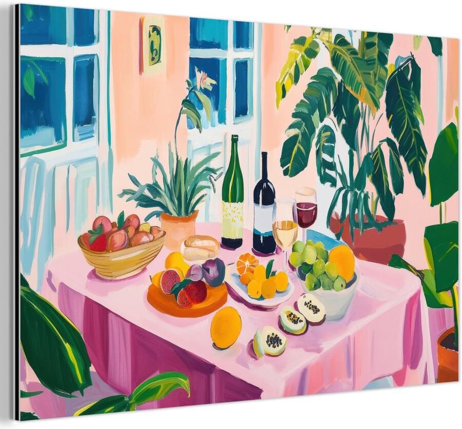 MuchoWow Aluminium schilderij 180x120 cm Wanddecoratie metaal Tafel Wijn Fruit Metalen muurdecoratie woonkamer Decoratie industrieel Foto op dibond Industriële accessoires slaapkamer