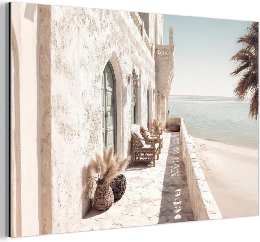 MuchoWow Aluminium schilderij 90x60 cm Wanddecoratie metaal Terras Stoelen Strand Beige Metalen muurdecoratie woonkamer Decoratie industrieel Foto op dibond Industriële accessoires slaapkamer