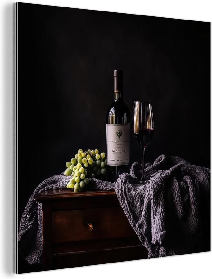 MuchoWow Aluminium schilderij 20x20 cm Wanddecoratie metaal Druiven Wijn Rood Tafel Metalen muurdecoratie woonkamer Decoratie industrieel Foto op dibond Industriële accessoires slaapkamer