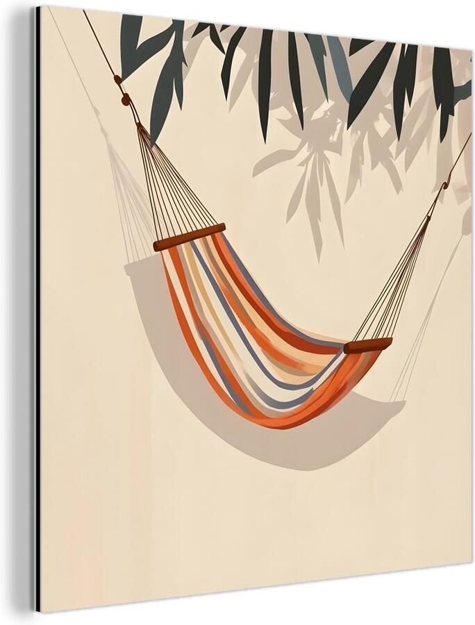 MuchoWow Aluminium schilderij 90x90 cm Wanddecoratie metaal Hangmat Kleurrijk Bladeren Schaduw Metalen muurdecoratie woonkamer Decoratie industrieel Foto op dibond Industriële accessoires slaapkamer