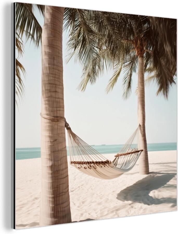 MuchoWow Aluminium schilderij 90x90 cm Wanddecoratie metaal Hangmat Palmbomen Strand Zee Metalen muurdecoratie woonkamer Decoratie industrieel Foto op dibond Industriële accessoires slaapkamer