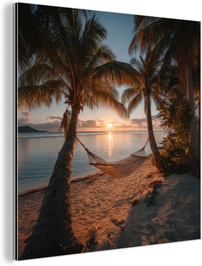 MuchoWow Aluminium schilderij 90x90 cm Wanddecoratie metaal Palmbomen Hangmat Strand Zonsondergang Metalen muurdecoratie woonkamer Decoratie industrieel Foto op dibond Industriële accessoires slaapkamer