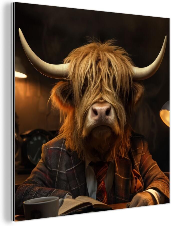 MuchoWow Aluminium schilderij 90x90 cm Wanddecoratie metaal Schotse hooglander Dier Pak Bureau Metalen muurdecoratie woonkamer Decoratie industrieel Foto op dibond Industriële accessoires slaapkamer