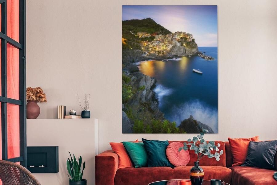 MuchoWow Canvas schilderij 120x160 cm Wanddecoratie Cinque Terre in de avond en verlicht door de gele lampen Muurdecoratie woonkamer Slaapkamer decoratie Kamer accessoires Schilderijen