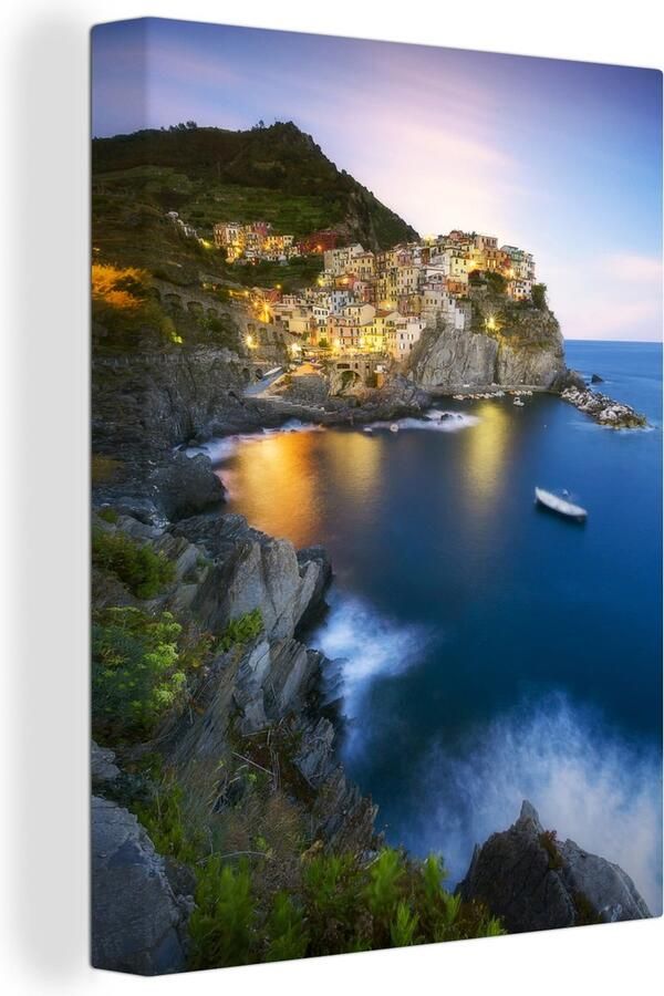 MuchoWow Canvas schilderij 120x160 cm Wanddecoratie Cinque Terre in de avond en verlicht door de gele lampen Muurdecoratie woonkamer Slaapkamer decoratie Kamer accessoires Schilderijen - Foto 2
