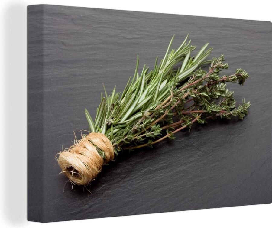 MuchoWow Canvas schilderij 140x90 cm Wanddecoratie Tijm Kruiden Groen Tafel Keuken Steen Muurdecoratie accessoires Keuken decoratie muur Schilderijen op canvas
