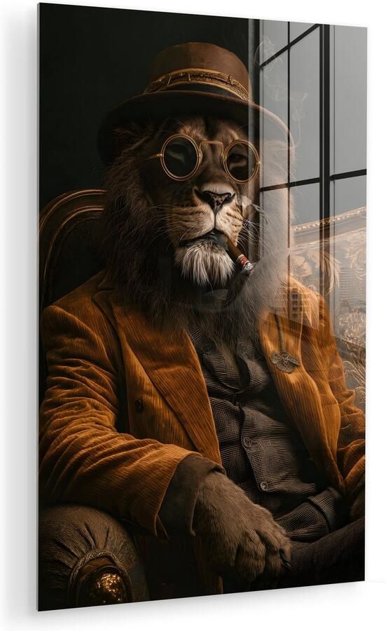 MuchoWow Glasschilderij 60x90 cm Schilderij acrylglas Bril Leeuw Bank Hoed Foto op glas Muurdecoratie woonkamer Wanddecoratie slaapkamer Schilderijen