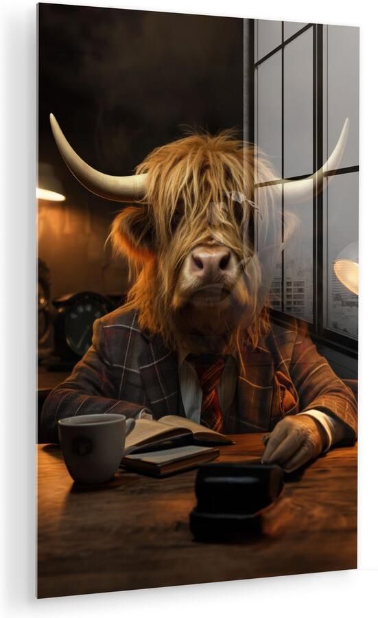 MuchoWow Glasschilderij 60x90 cm Schilderij acrylglas Schotse hooglander Dier Pak Bureau Foto op glas Muurdecoratie woonkamer Wanddecoratie slaapkamer Schilderijen