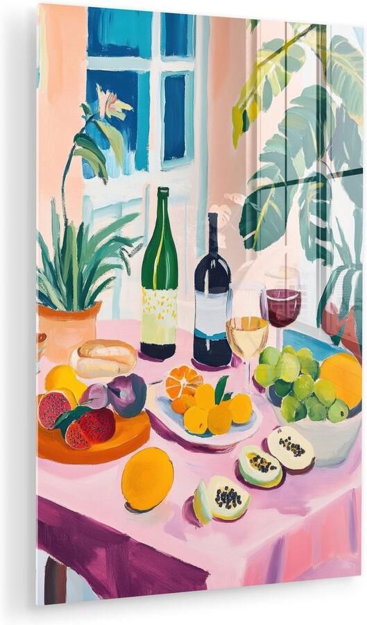 MuchoWow Glasschilderij 120x180 cm Schilderij acrylglas Tafel Wijn Fruit Foto op glas Muurdecoratie woonkamer Wanddecoratie slaapkamer Schilderijen