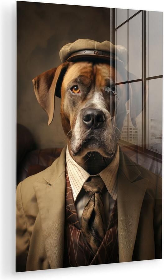 MuchoWow Glasschilderij 40x60 cm Schilderij acrylglas Vintage Hond Hoed Pak Bank Bruin Foto op glas Muurdecoratie woonkamer Wanddecoratie slaapkamer Schilderijen