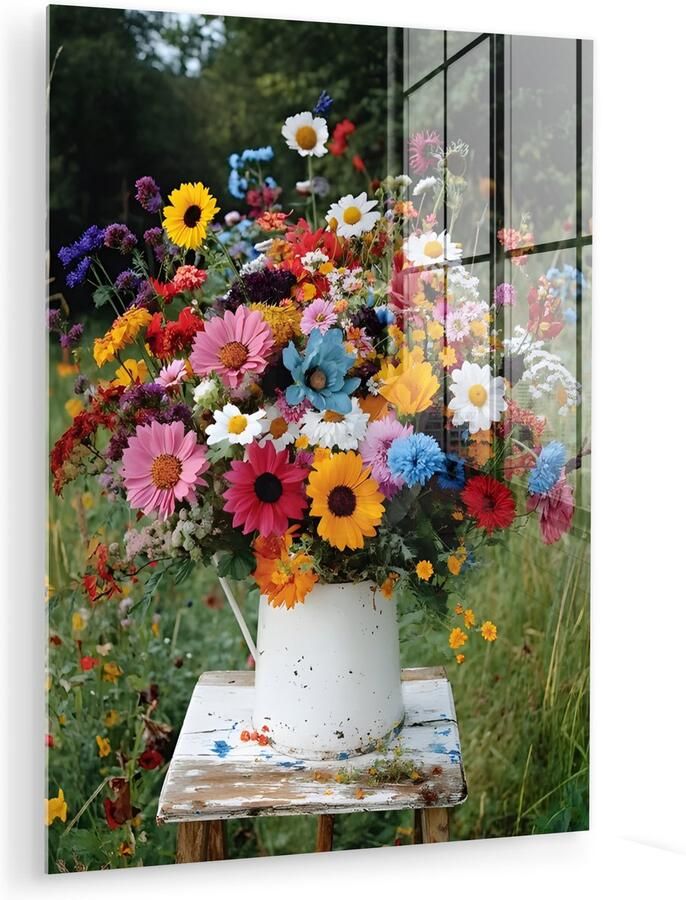 MuchoWow Glasschilderij 120x160 cm Schilderij acrylglas Bloemen Krukje Gieter Veld Foto op glas Muurdecoratie woonkamer Wanddecoratie slaapkamer Schilderijen