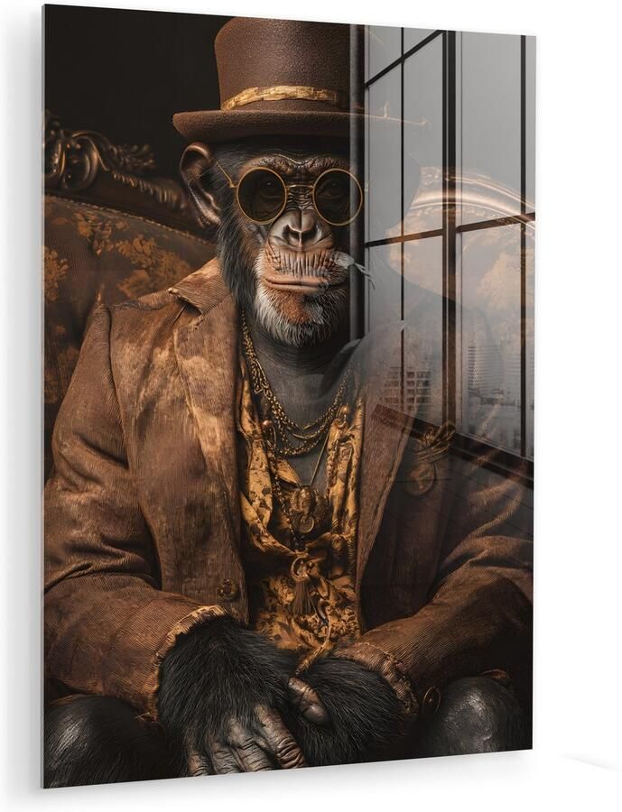 MuchoWow Glasschilderij 90x120 cm Schilderij acrylglas Chimpansee Stoel Pak Bruin Foto op glas Muurdecoratie woonkamer Wanddecoratie slaapkamer Schilderijen