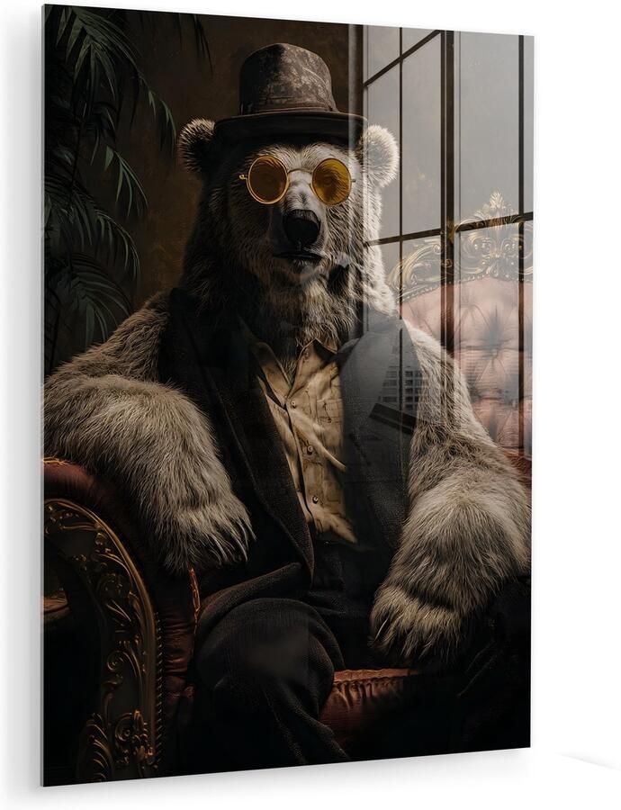 MuchoWow Glasschilderij 90x120 cm Schilderij acrylglas Ijsbeer Hoed Bril Stoel Foto op glas Muurdecoratie woonkamer Wanddecoratie slaapkamer Schilderijen