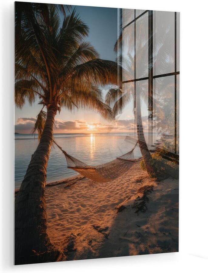 MuchoWow Glasschilderij 90x120 cm Schilderij acrylglas Palmbomen Hangmat Strand Zonsondergang Foto op glas Muurdecoratie woonkamer Wanddecoratie slaapkamer Schilderijen