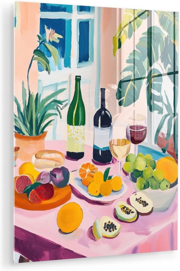 MuchoWow Glasschilderij 90x120 cm Schilderij acrylglas Tafel Wijn Fruit Foto op glas Muurdecoratie woonkamer Wanddecoratie slaapkamer Schilderijen
