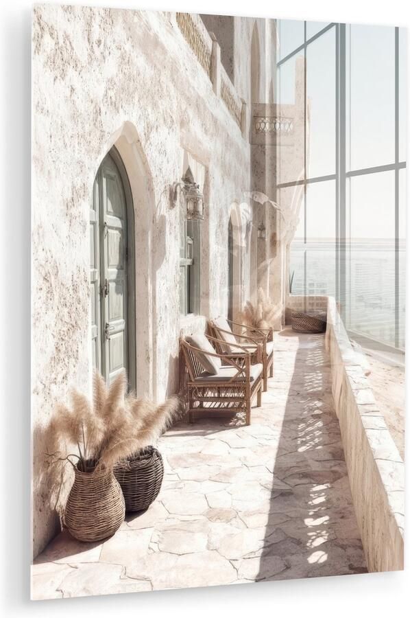 MuchoWow Glasschilderij 90x120 cm Schilderij acrylglas Terras Stoelen Strand Beige Foto op glas Muurdecoratie woonkamer Wanddecoratie slaapkamer Schilderijen