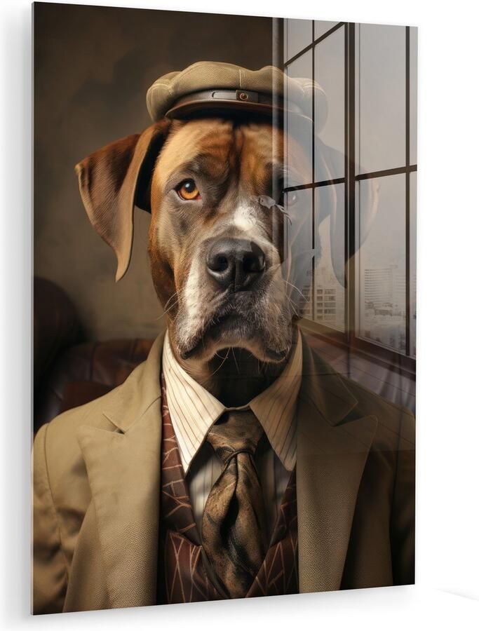 MuchoWow Glasschilderij 120x160 cm Schilderij acrylglas Vintage Hond Hoed Pak Bank Bruin Foto op glas Muurdecoratie woonkamer Wanddecoratie slaapkamer Schilderijen