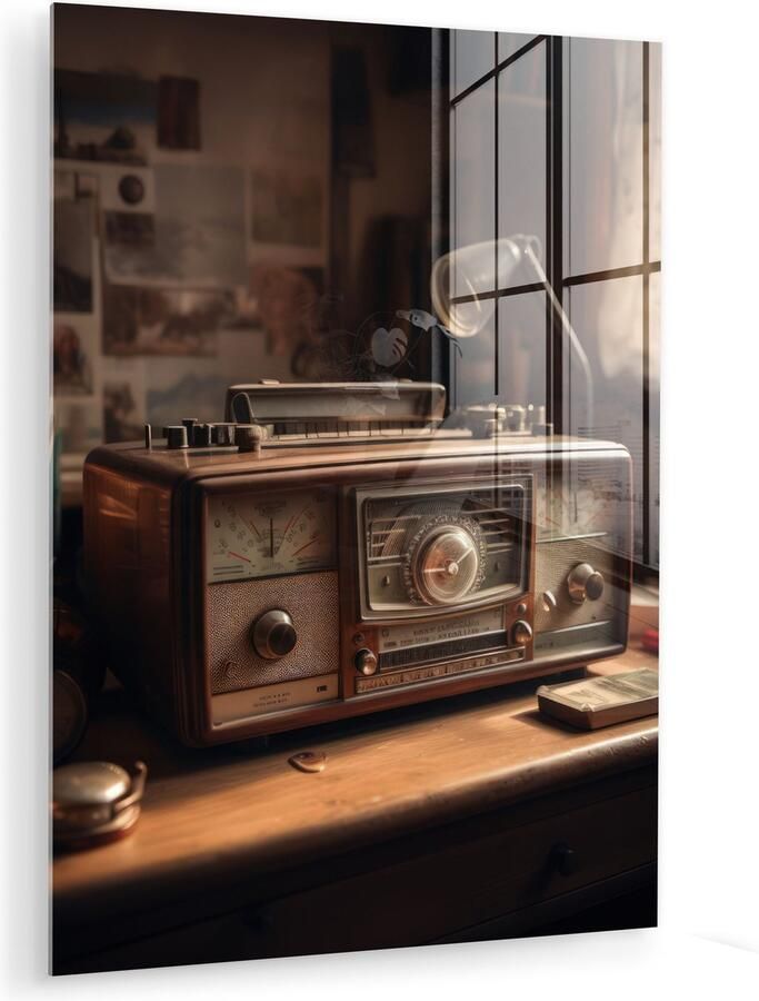 MuchoWow Glasschilderij 120x160 cm Schilderij acrylglas Vintage Radio Oud Bureau Lamp Foto op glas Muurdecoratie woonkamer Wanddecoratie slaapkamer Schilderijen