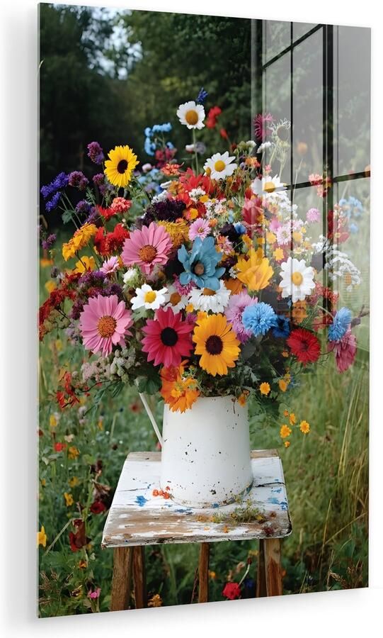 MuchoWow Glasschilderij 20x30 cm Schilderij acrylglas Bloemen Krukje Gieter Veld Foto op glas Muurdecoratie woonkamer Wanddecoratie slaapkamer Schilderijen