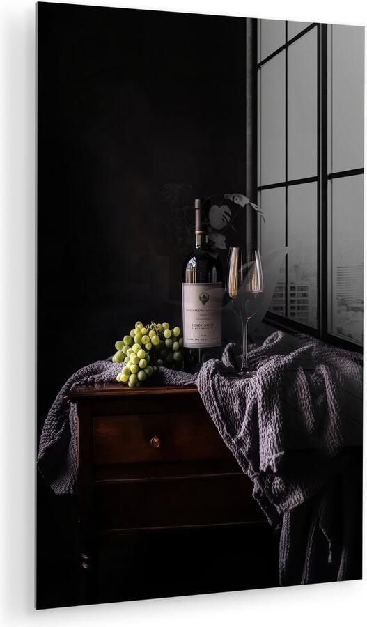 MuchoWow Glasschilderij 120x180 cm Schilderij acrylglas Druiven Wijn Rood Tafel Foto op glas Muurdecoratie woonkamer Wanddecoratie slaapkamer Schilderijen