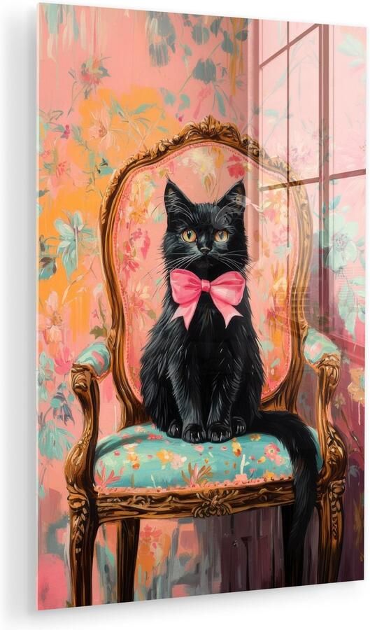 MuchoWow Glasschilderij 60x90 cm Schilderij acrylglas Kat Roze Stoel met bloemenmotief Foto op glas Muurdecoratie woonkamer Wanddecoratie slaapkamer Schilderijen