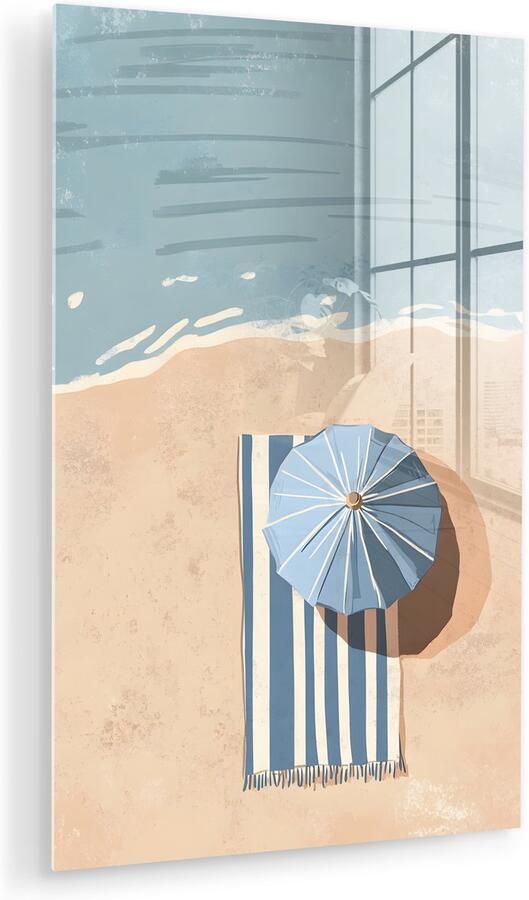 MuchoWow Glasschilderij 120x180 cm Schilderij acrylglas Strandlaken Strepen Parasol Strand Foto op glas Muurdecoratie woonkamer Wanddecoratie slaapkamer Schilderijen