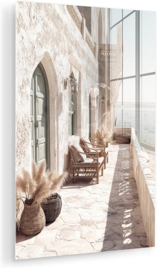 MuchoWow Glasschilderij 60x90 cm Schilderij acrylglas Terras Stoelen Strand Beige Foto op glas Muurdecoratie woonkamer Wanddecoratie slaapkamer Schilderijen