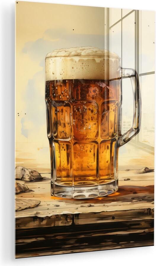 MuchoWow Glasschilderij 20x30 cm Schilderij acrylglas Vintage Bier Pul Hout Tafel Drinken Foto op glas Muurdecoratie woonkamer Wanddecoratie slaapkamer Schilderijen