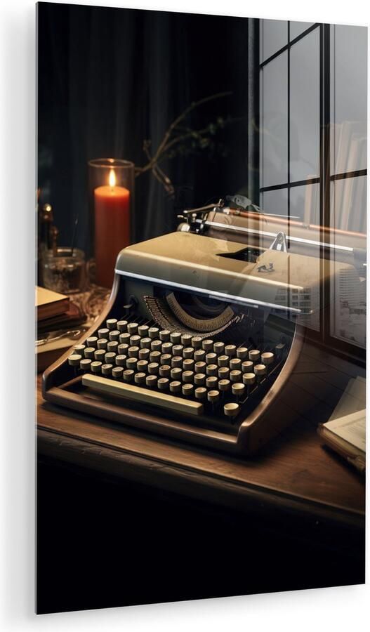 MuchoWow Glasschilderij 20x30 cm Schilderij acrylglas Vintage Typmachine Kaars Oud Bureau Foto op glas Muurdecoratie woonkamer Wanddecoratie slaapkamer Schilderijen