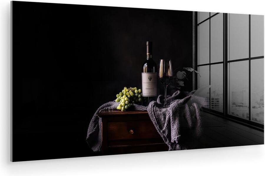 MuchoWow Glasschilderij 80x40 cm Schilderij acrylglas Druiven Wijn Rood Tafel Foto op glas Muurdecoratie woonkamer Wanddecoratie slaapkamer Schilderijen