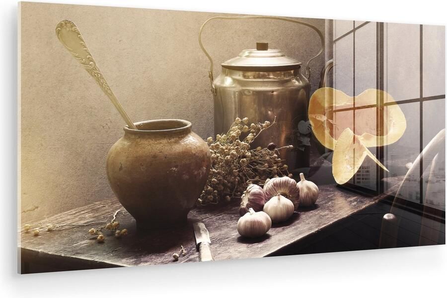 MuchoWow Glasschilderij 40x20 cm Schilderij acrylglas Stilleven Pompoen Knoflook Pan Tafel Foto op glas Muurdecoratie woonkamer Wanddecoratie slaapkamer Schilderijen