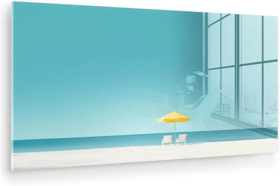 MuchoWow Glasschilderij 120x60 cm Schilderij acrylglas Strand Blauwe lucht Geel Parasol Foto op glas Muurdecoratie woonkamer Wanddecoratie slaapkamer Schilderijen