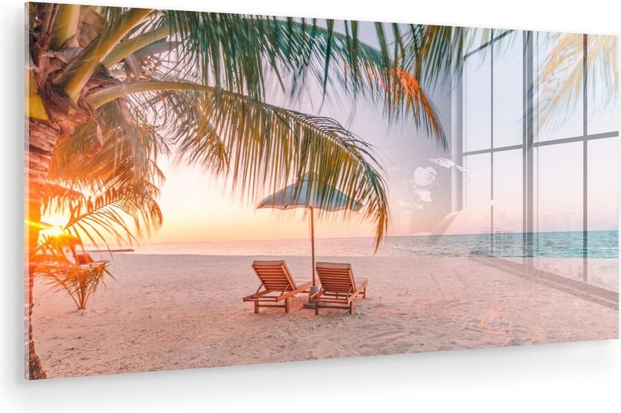 MuchoWow Glasschilderij 120x60 cm Schilderij acrylglas Strand Palmbomen Parasol Foto op glas Muurdecoratie woonkamer Wanddecoratie slaapkamer Schilderijen - Foto 3
