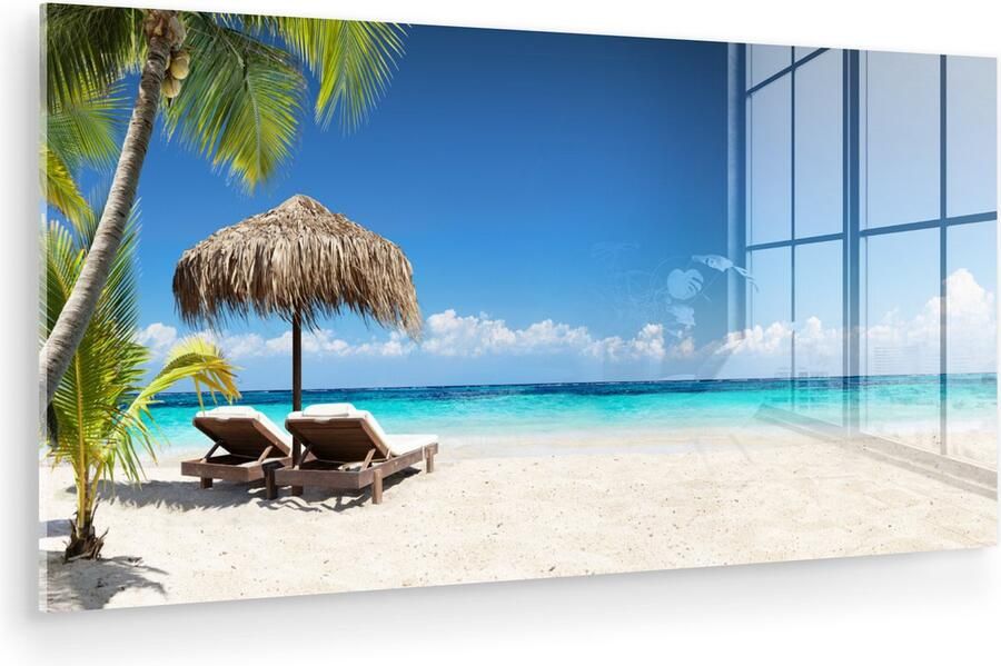 MuchoWow Glasschilderij 120x60 cm Schilderij acrylglas Strand Parasol Zee Foto op glas Muurdecoratie woonkamer Wanddecoratie slaapkamer Schilderijen - Foto 2
