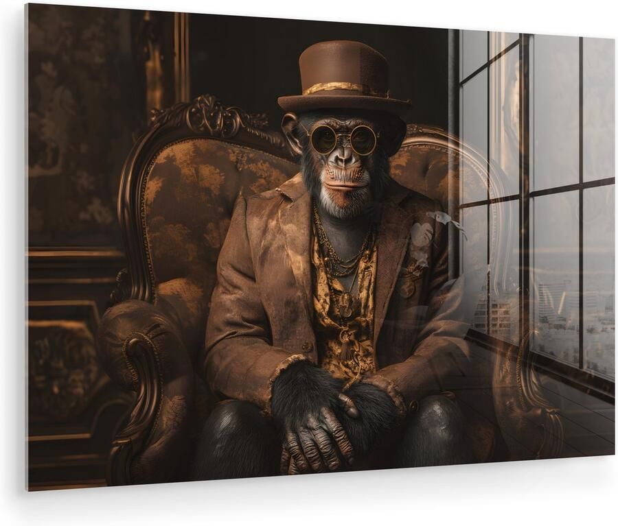 MuchoWow Glasschilderij 120x80 cm Schilderij acrylglas Chimpansee Stoel Pak Bruin Foto op glas Muurdecoratie woonkamer Wanddecoratie slaapkamer Schilderijen