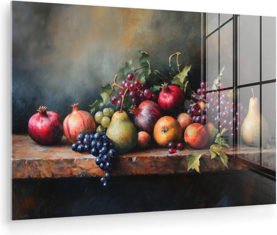 MuchoWow Glasschilderij 150x100 cm Schilderij acrylglas Rustiek Stilleven Fruit Foto op glas Muurdecoratie woonkamer Wanddecoratie slaapkamer Schilderijen