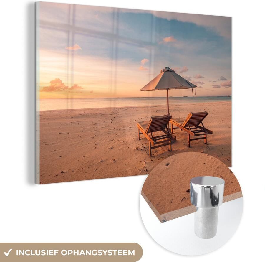 MuchoWow Glasschilderij 120x80 cm Schilderij acrylglas Strand Ligbed Parasol Foto op glas Muurdecoratie woonkamer Wanddecoratie slaapkamer Schilderijen