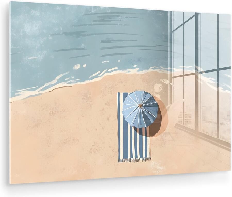 MuchoWow Glasschilderij 180x120 cm Schilderij acrylglas Strandlaken Strepen Parasol Strand Foto op glas Muurdecoratie woonkamer Wanddecoratie slaapkamer Schilderijen