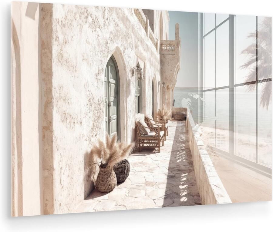 MuchoWow Glasschilderij 120x80 cm Schilderij acrylglas Terras Stoelen Strand Beige Foto op glas Muurdecoratie woonkamer Wanddecoratie slaapkamer Schilderijen