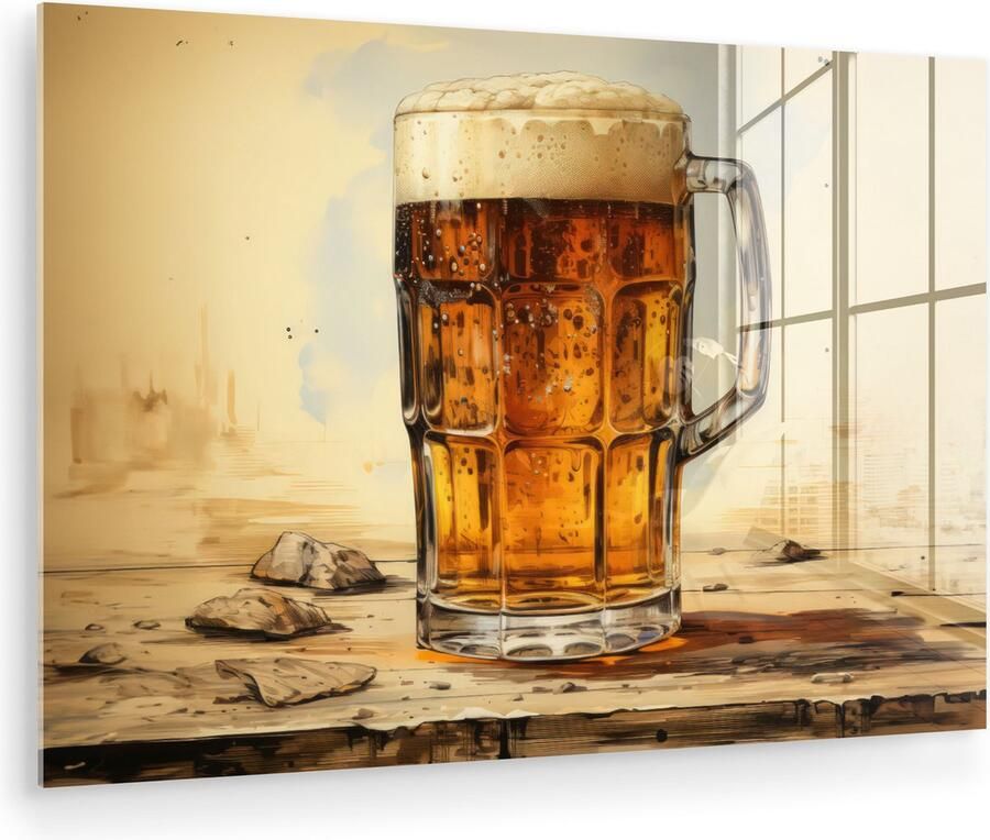 MuchoWow Glasschilderij 90x60 cm Schilderij acrylglas Vintage Bier Pul Hout Tafel Drinken Foto op glas Muurdecoratie woonkamer Wanddecoratie slaapkamer Schilderijen