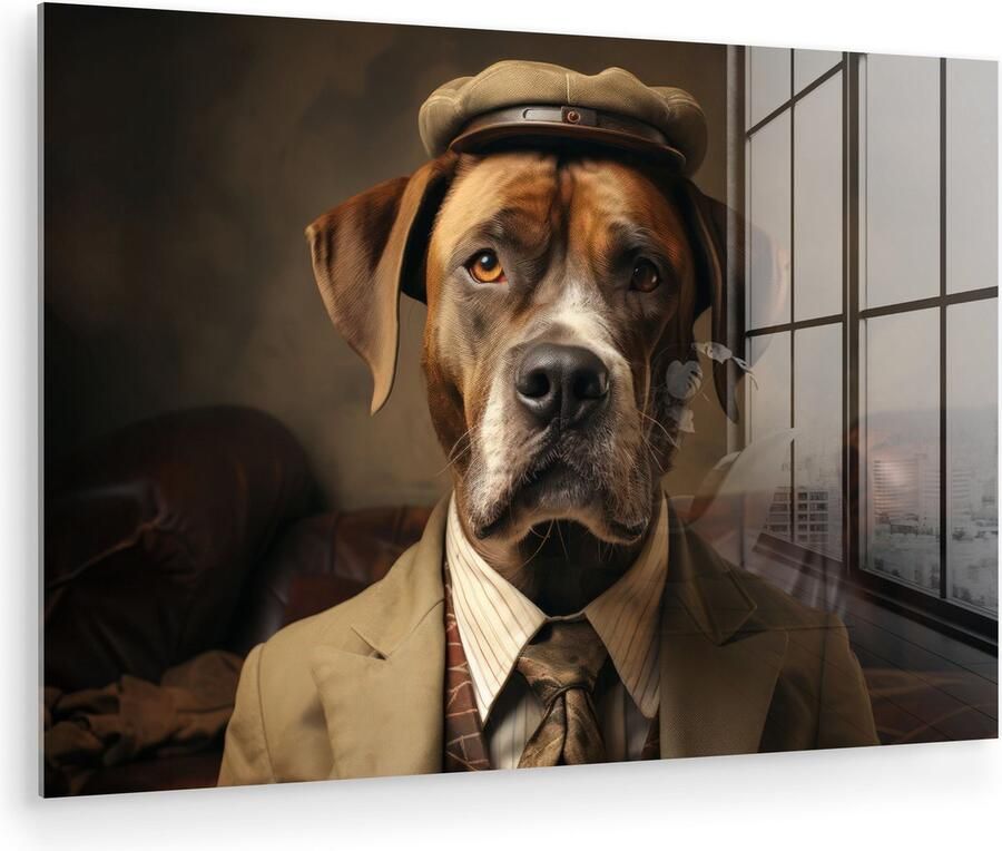MuchoWow Glasschilderij 180x120 cm Schilderij acrylglas Vintage Hond Hoed Pak Bank Bruin Foto op glas Muurdecoratie woonkamer Wanddecoratie slaapkamer Schilderijen