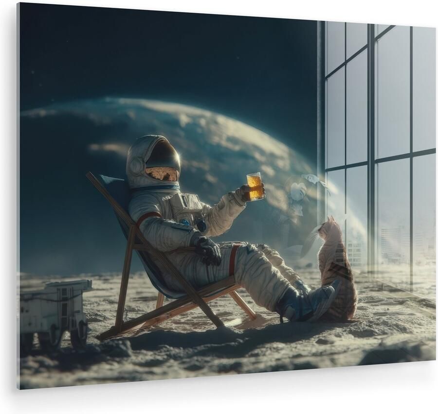 MuchoWow Glasschilderij 120x90 cm Schilderij acrylglas Astronaut Kat Glas Stoel Foto op glas Muurdecoratie woonkamer Wanddecoratie slaapkamer Schilderijen