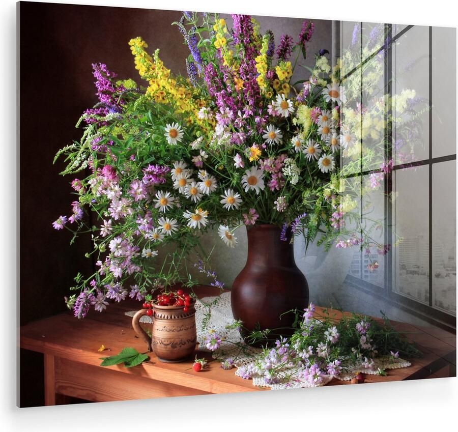 MuchoWow Glasschilderij 120x90 cm Schilderij acrylglas Bloemen Tafel Stilleven Boeket Vaas Foto op glas Muurdecoratie woonkamer Wanddecoratie slaapkamer Schilderijen
