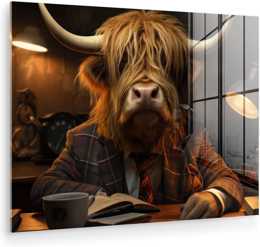 MuchoWow Glasschilderij 120x90 cm Schilderij acrylglas Schotse hooglander Dier Pak Bureau Foto op glas Muurdecoratie woonkamer Wanddecoratie slaapkamer Schilderijen