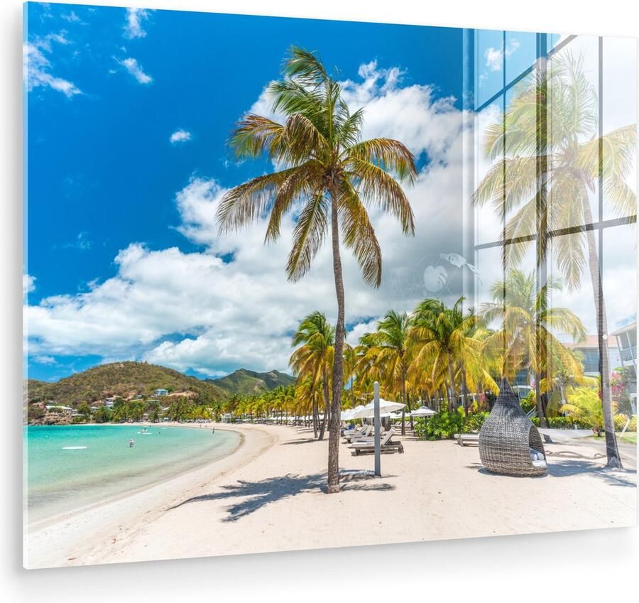 MuchoWow Glasschilderij 120x90 cm Schilderij acrylglas Strand Ligbed Palmbomen Foto op glas Muurdecoratie woonkamer Wanddecoratie slaapkamer Schilderijen