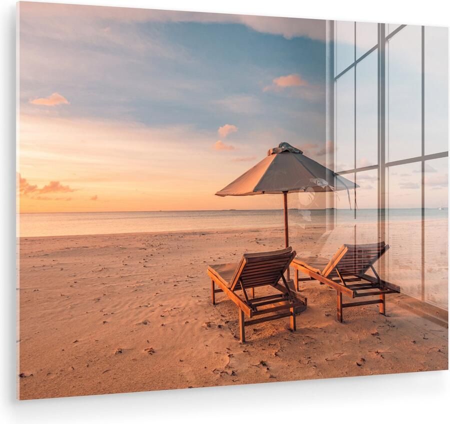 MuchoWow Glasschilderij 120x90 cm Schilderij acrylglas Strand Ligbed Parasol Foto op glas Muurdecoratie woonkamer Wanddecoratie slaapkamer Schilderijen